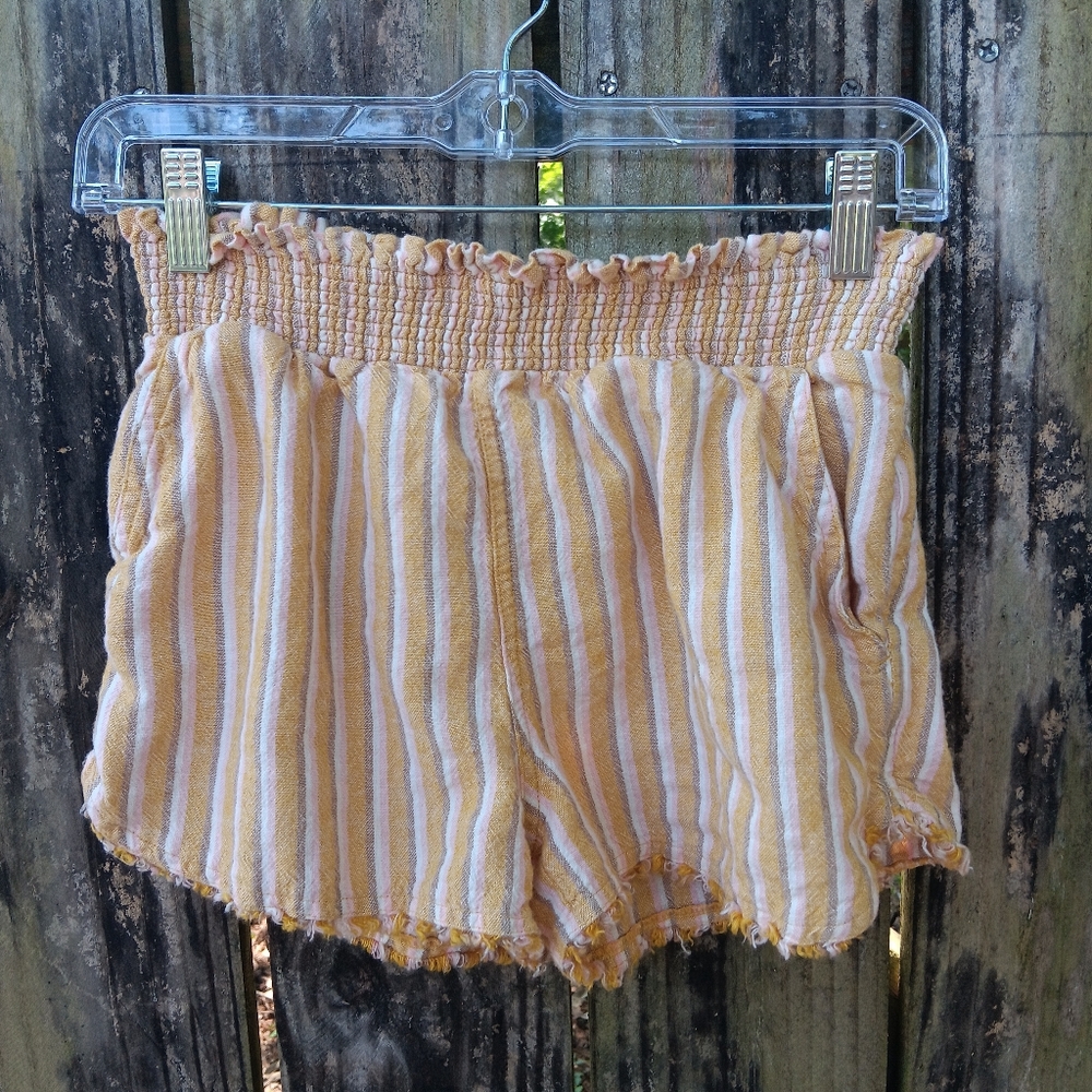 TRUE CRAFT Women's Striped Linen Blend Pull-On Shorts with Fringe XS